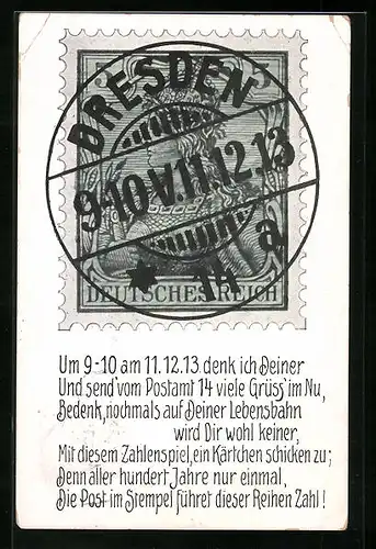 AK Kurioses Datum 11.12.1913, Briefmarke