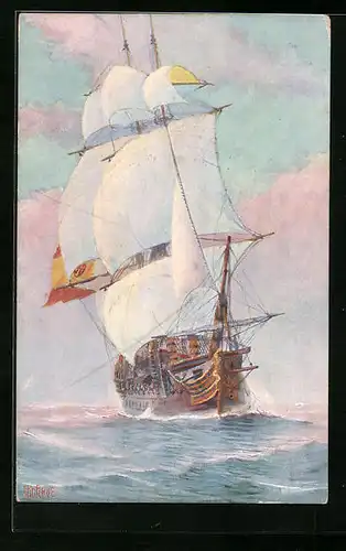 Künstler-AK Christopher Rave: Spanisches Kriegsschiff, Anfang 18. Jahrh.