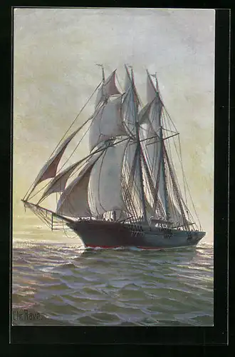 Künstler-AK Christopher Rave: Als Schonerbark getakelter deutscher Kreuzer, 1895