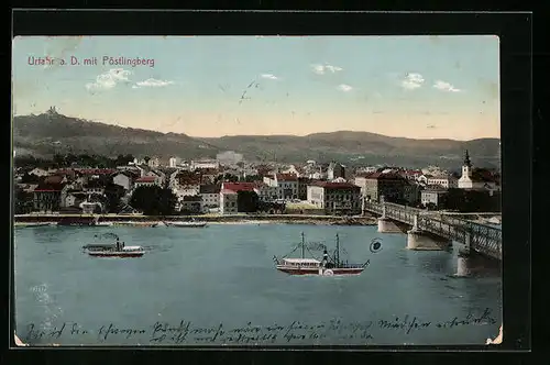 AK Urfahr a. D., Dampfer vor dem Ort, Pöstlingberg