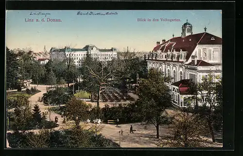 AK Linz a. D., Volksgarten aus der Vogelschau