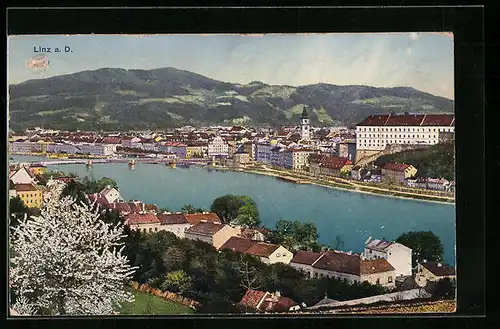 AK Linz a. D., Stadt vor Bergpanorama