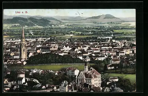 AK Linz a. D., Ortspartie mit Bergpanorama