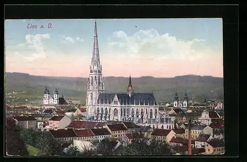 AK Linz a. D., Domkirche im Abendrot