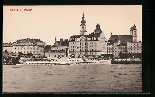 AK Linz /Donau, Dampfer vor der Uferpromenade