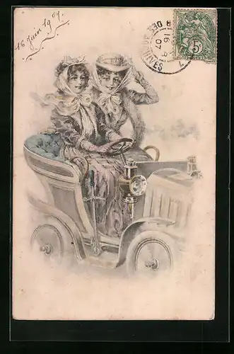 Künstler-AK Zwei Frauen mit Hüten in einem Auto