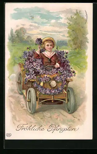 AK Knabe mit Blumen im Auto - Pfingstgruss