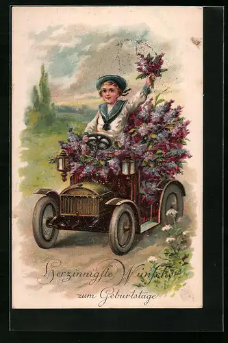 Künstler-AK Knabe mit Blumen im Auto - Geburtstagskarte