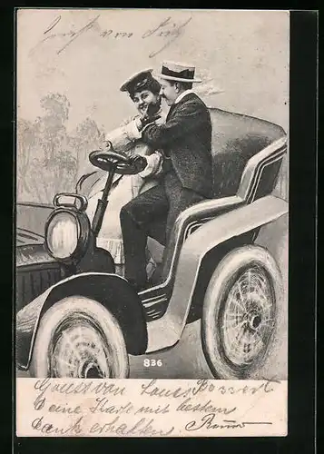 AK Schäkerndes Paar im Automobil