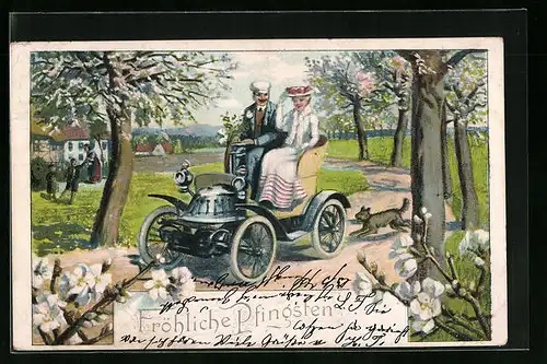 Künstler-AK Ausflug im Auto durch Frühlingslandschaft - Pfingstkarte