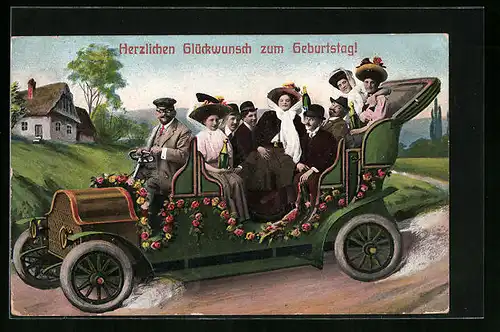 AK Fröhliche Gesellschaft mit Weinflaschen im Auto auf der Landstrasse - Geburtstagskarte
