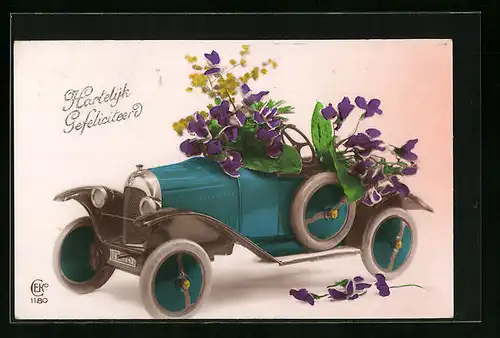 Künstler-AK Glückwunschkarte mit Blumen im Automobil