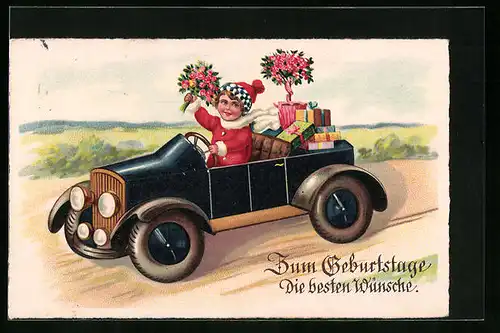 Künstler-AK Kind mit Blumen und Bommelmütze im Auto - Geburtstagsgruss