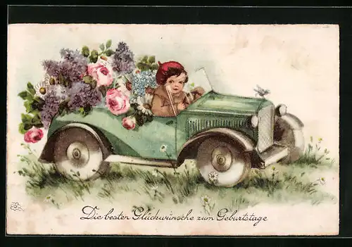 Künstler-AK Kind mit roter Mütze und Blumen im Auto - Geburtstagsgruss