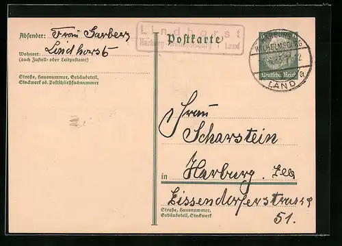 AK mit Landpoststempel Lindhorst über Harburg-Wilhelmsburg 1 Land