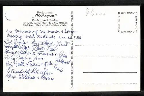 AK Karlsruhe i. Baden, Restaurant Oberbayern, Am Mühlberger Tor, Innenansichten