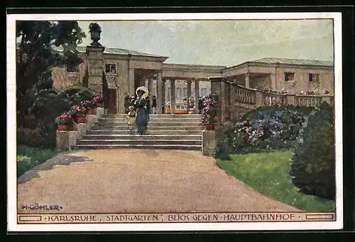 Künstler-AK sign. H. Göhler: Karlsruhe, Stadtgarten, Blick gegen Hauptbahnhof