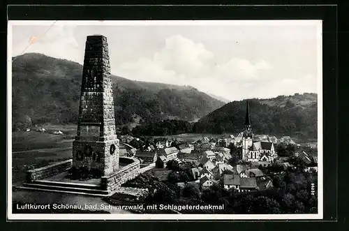 AK Schönau /bad. Schwarzwald, Schlageterdenkmal, Ortspartie mit Kirche