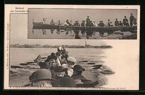 AK Caughnawaga, M. et Mme Botrel traversant le St-Laurant en prirogue pour rendre visite à la Tribu Iroquoise