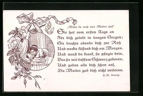 Lithographie Junge Mutter bringt ihr Kleinkind zu Bett, Mutterglück