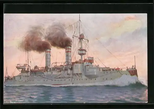 Künstler-AK Christopher Rave: Duitsch Kustpantserschip Odin, 1894