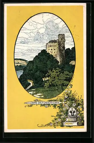 AK Greifenstein a. d. Donau, Blick zur Burg mit Ritterdekor
