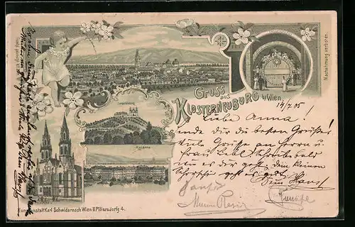 Lithographie Klosterneuburg b. Wien, Ortsansicht mit Leopoldsberg, Kaserne und Fasslrutschen