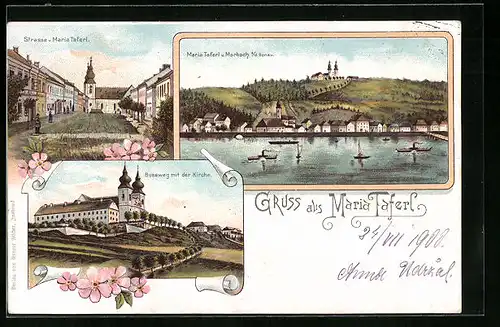 Lithographie Maria-Taferl, Ortsansicht mit Bussweg und Marbach