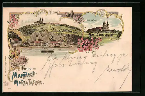 Lithographie Marbach-Maria-Taferl, Ortsansicht mit Wallfahrtskirche