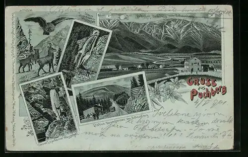 Mondschein-Lithographie Puchberg, Bahnhof mit Schneeberg, Station Baumgartner