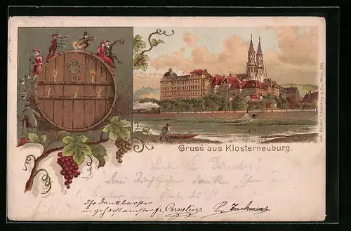 Lithographie Klosterneuburg, Ortsansicht mit Weinrebe