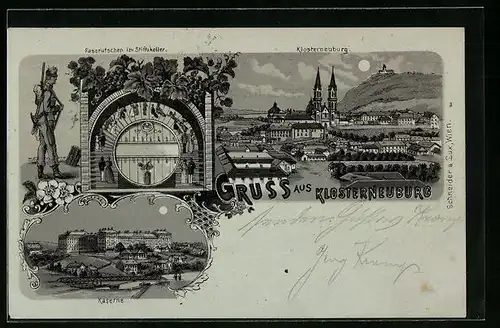 Mondschein-Lithographie Klosterneuburg, Kaserne und Fasslrutschen im Stiftskeller