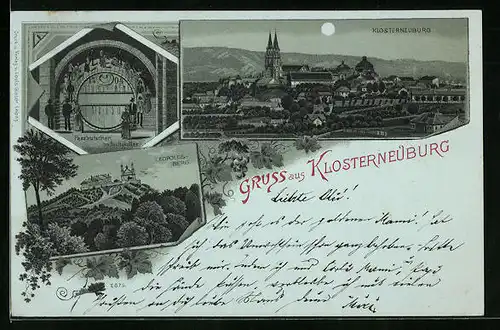 Mondschein-Lithographie Klosterneuburg, Ortsansicht mit Leopoldsberg und Stiftskeller