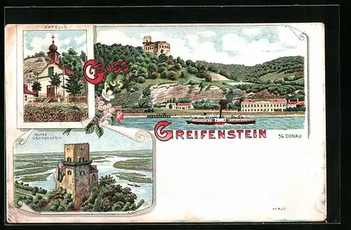 Lithographie Greifenstein, Kapelle mit Ruine