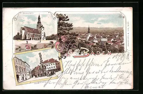 Lithographie Baden, Pfarrkirche mit Hauptplatz