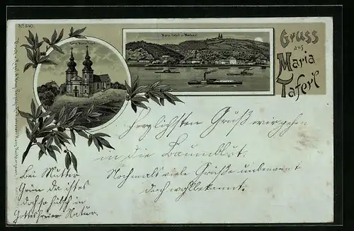 Mondschein-Lithographie Maria-Taferl, Ortsansicht mit Marbach und Wallfahrtskirche