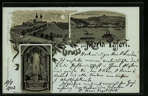 Mondschein-Lithographie Maria-Taferl, Ortsansicht mit Marbach und Wallfahrtskirche