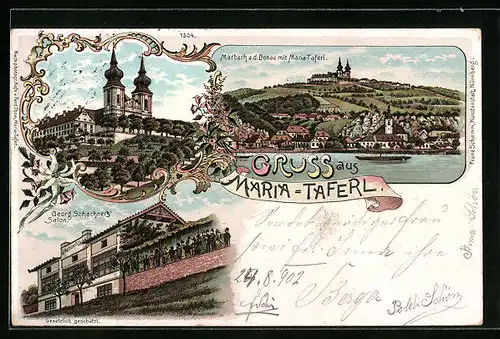 Lithographie Maria-Taferl, Ortsansicht mit Marbach und Wallfahrtskirche