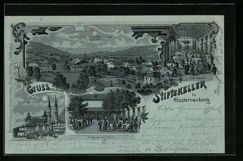 Mondschein-Lithographie Klosterneuburg, Ortsansicht mit Stiftskeller