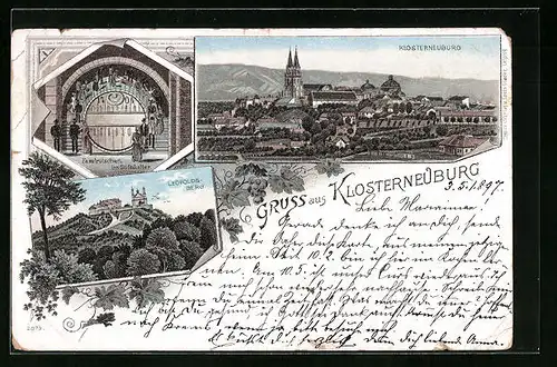 Lithographie Klosterneuburg, Leopoldsberg mit Stiftskeller