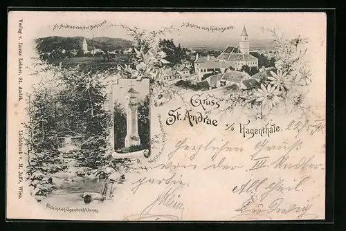 AK St. Andrä i. Hagenthale, Ortsansicht vom Gebirge aus mit Wegkreuz