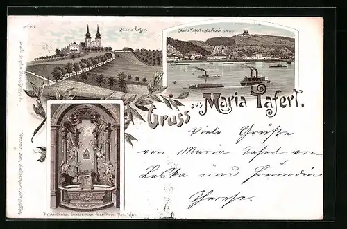 Lithographie Marbach a. d. Donau, Teilansicht mit Maria Taferl, Wallfahrtskirche, Gnaden Altar