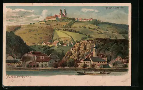 Lithographie Marbach a. Donau, Ortspartie und Maria-Taferl mit Kirche