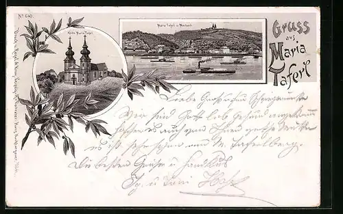 Lithographie Marbach, Teilansicht mit Maria Taferl und Dampfern, Wallfahrtskirche