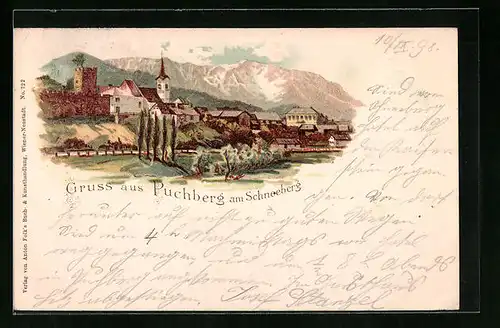 Lithographie Puchberg am Schneeberg, Teilansicht mit Kirche