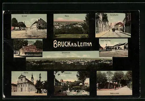 AK Bruck a. d. Leitha, Hauptwache im Barackenlager, Partie im Lager, Schlossidylle