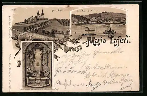 Lithographie Marbach a. d. Donau, Teilansicht mit Maria Taferl und Dampfern, Wallfahrtskirche, Gnaden-Altar