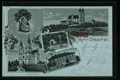 Mondschein-Lithographie Maria Dreieichen, Gasthof Wachelhofer, Wallfahrts-Kirche, Bründel