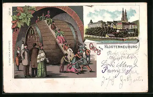 Lithographie Klosterneuburg, Teilansicht mit Kirche, Fasselrutschen