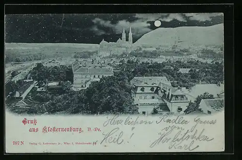 Mondschein-AK Klosterneuburg a. D., Ortspartie im Vollmondlicht